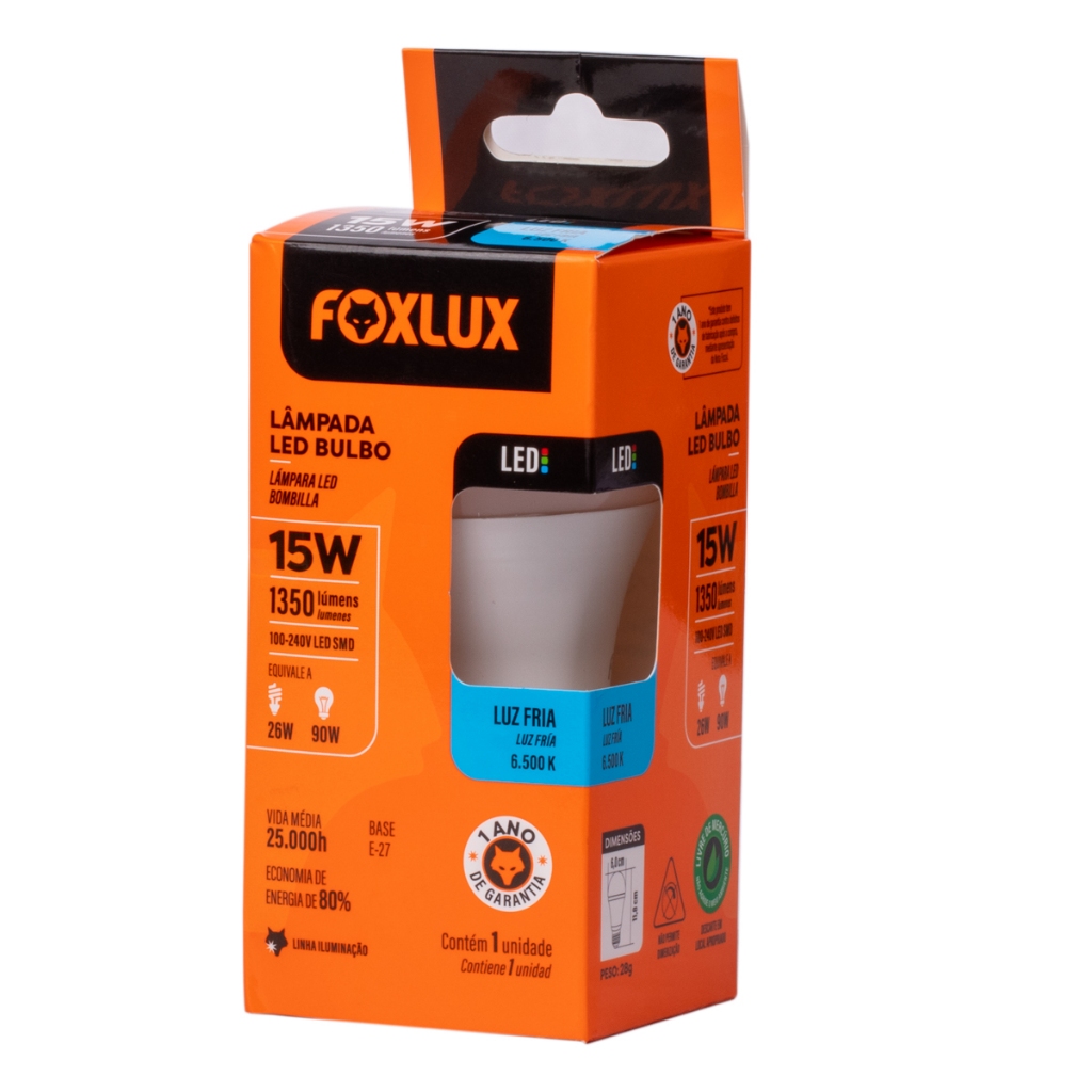 Detalhes do Kit 3 Lâmpada LED Bulbo 15W c/ Base E-27 Bivolt 6500K Foxlux