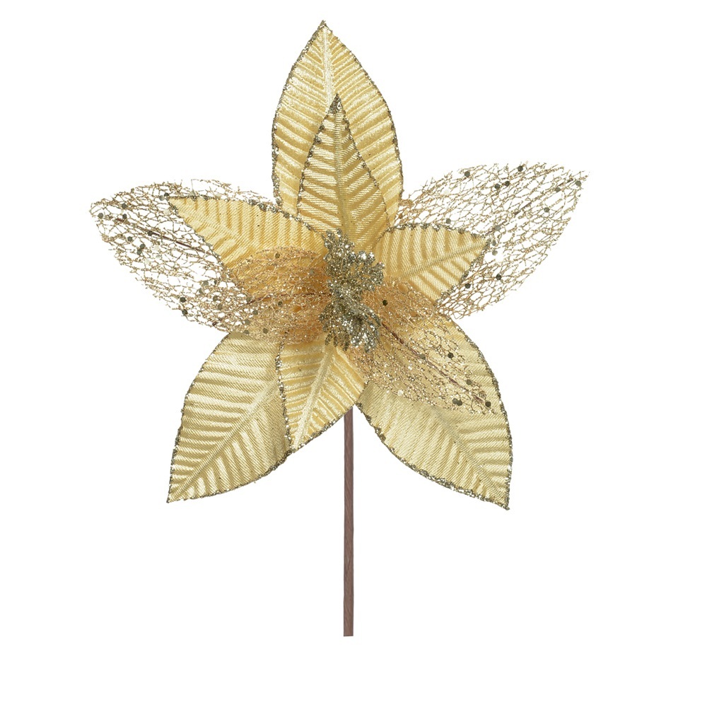 Flor Natalina Bico De Papagaio Dourado Aveludado Com Glitter