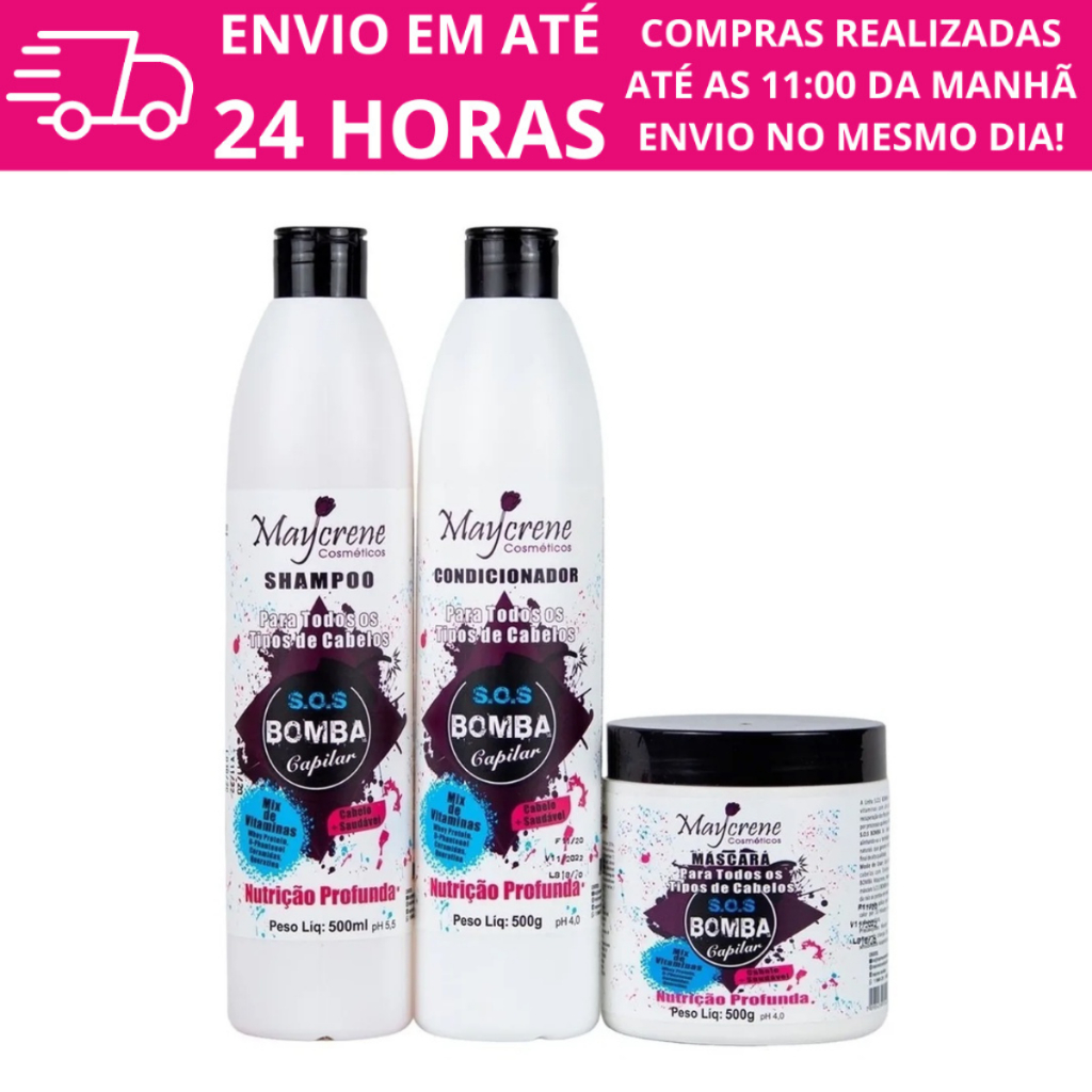 Kit SOS Bomba Força e Crescimento Shampoo Condicionador e Mascara capilar Nutrição Profunda Todos os Tipos de Cabelo Maycrene
