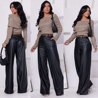 CALÇA PANTALONA FEMININA COURO FAKE COM CINTO INCLUIDO CALÇA CINTURA ALTA NOVIDADE