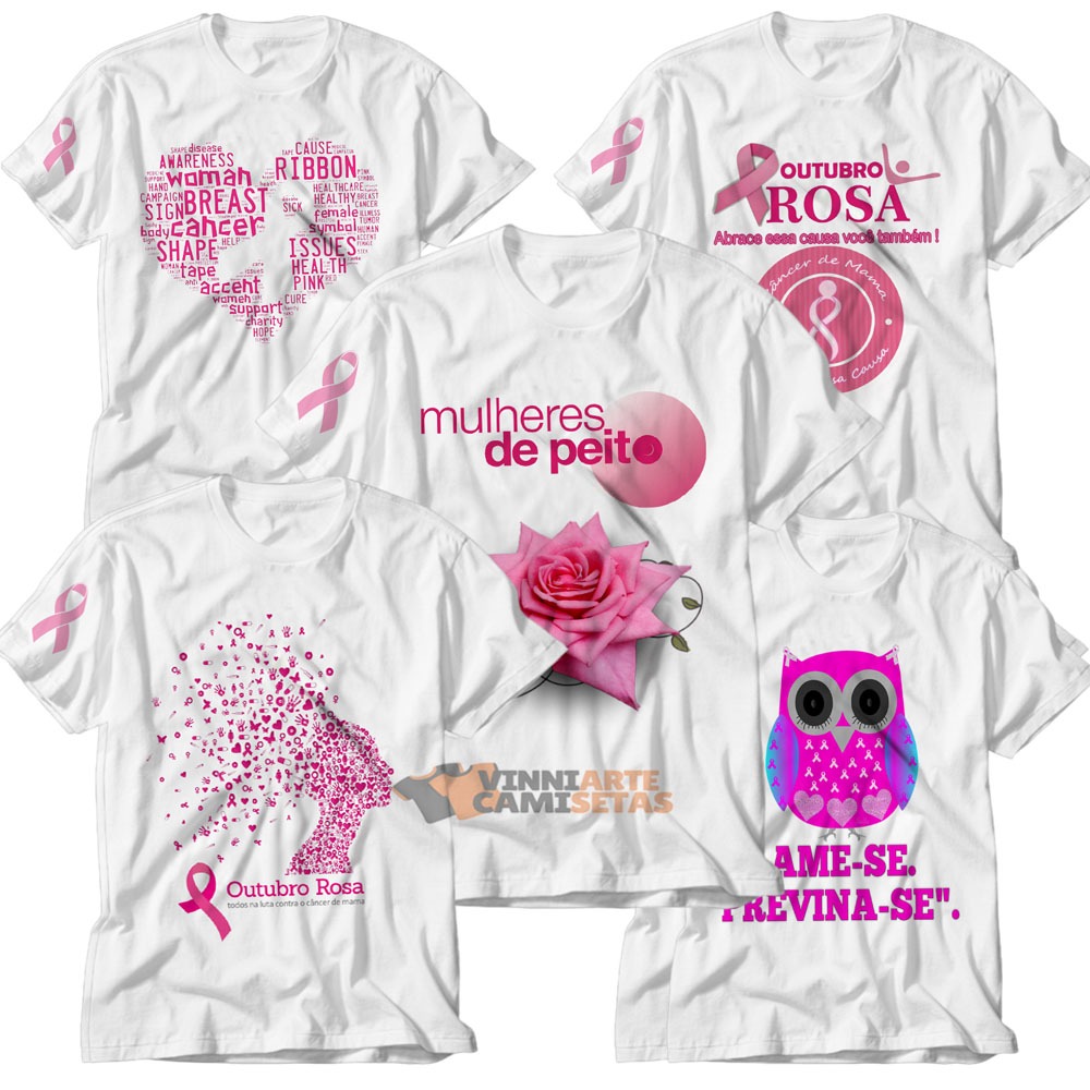 KIT 5 Camiseta personalizada tradicional campanha outubro rosa modelos diversos