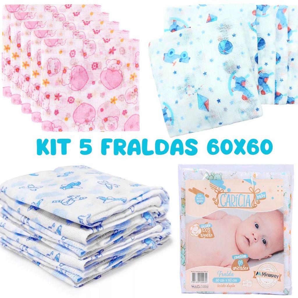 Kit 5 Unidades Fralda de Pano Bebe Minasrey 60x60cm 100% algodão