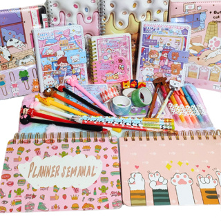 Kit Papelaria Kawaii Diversos itens Criativos Fofos Planner Marca-texto Washi Tape Caneta Adesivo Clipes Luxo em Oferta na Shopee