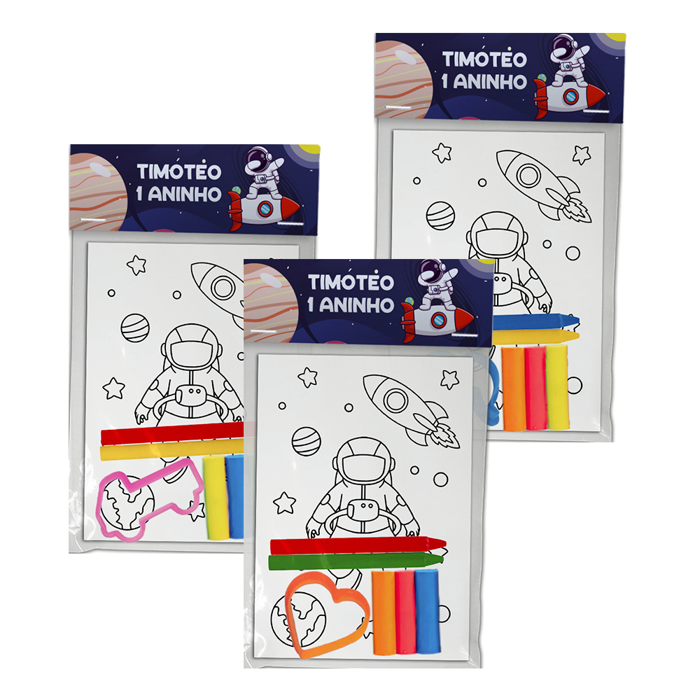 Kit Colorir Com Giz e Massinha 10 Unidades Para Lembrancinhas Tema Astronauta Festa Infantil