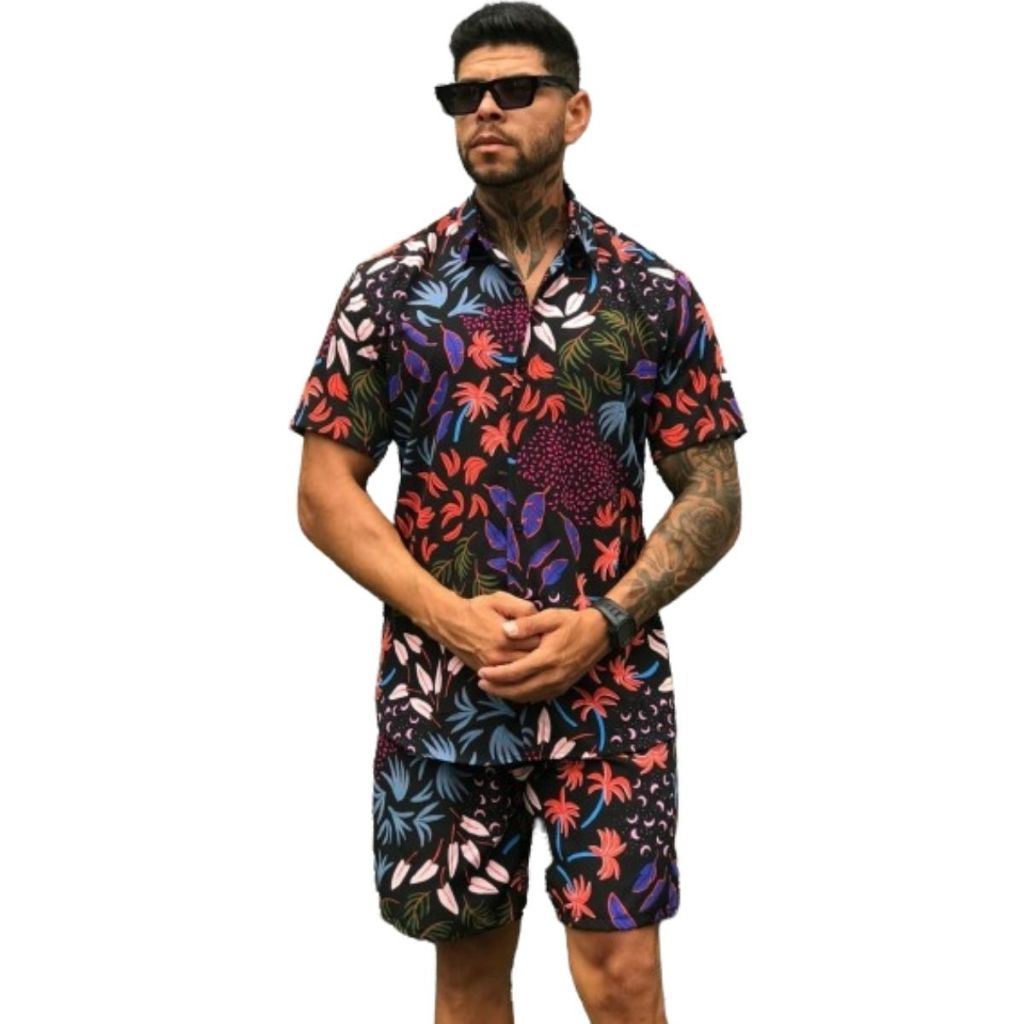 Conjunto Camisa Short Florido Havaiano Estampado  Adulto Masculino Tecido de Viscolinho elastano
