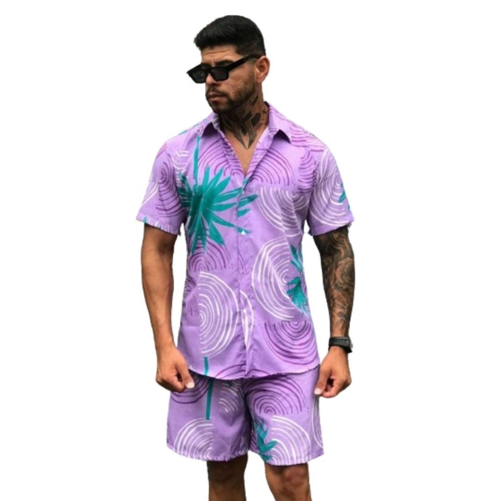 Conjunto Camisa  Short Florido Havaiano Estampado  Adulto Masculino Tecido de Viscoinho com elastano