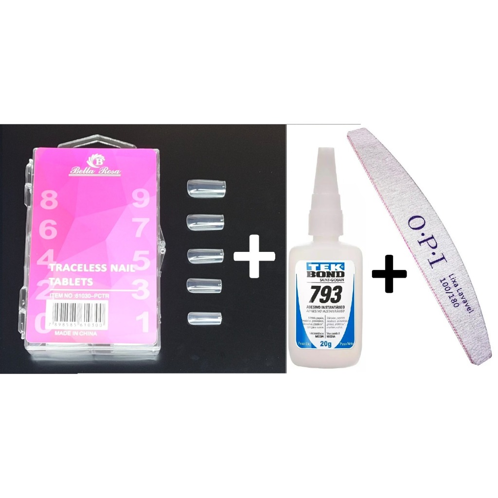 Unha Tips Sorriso Curvatura C Transparente Bella Rosa c/ 100 + Cola Tek Bond 20g + Lixa O.P Lavável