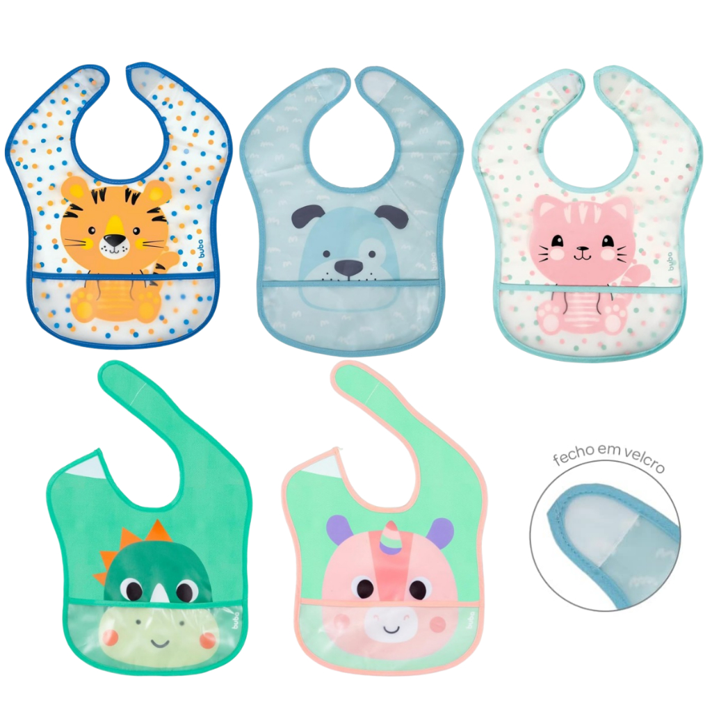 Babador Bebe Buba Impermeável com Pega Migalhas Fecho em Velcro