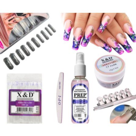 Kit Alongamento de Unha GEL CURSO MANICURE XD 100 Moldes F1 Gel Acrigel Porcelana LIXA BUMERANG 50 FIBRA FIO A FIO PRESILHA