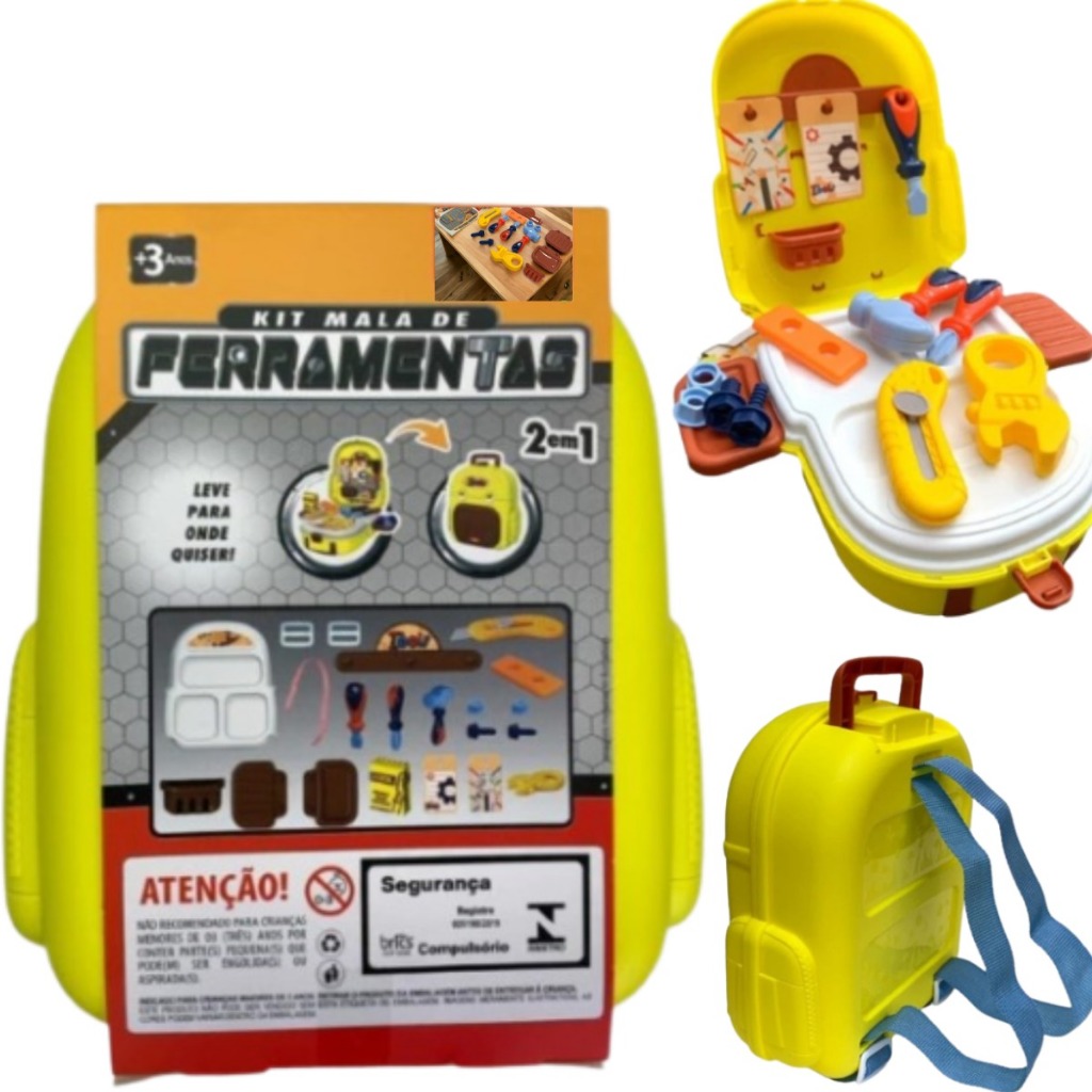 BRINQUEDO FERRAMENTAS NA MALINHA Infantil Maleta Vira Mochila MALA MESA OFICINA COMPLETA 21PÇS