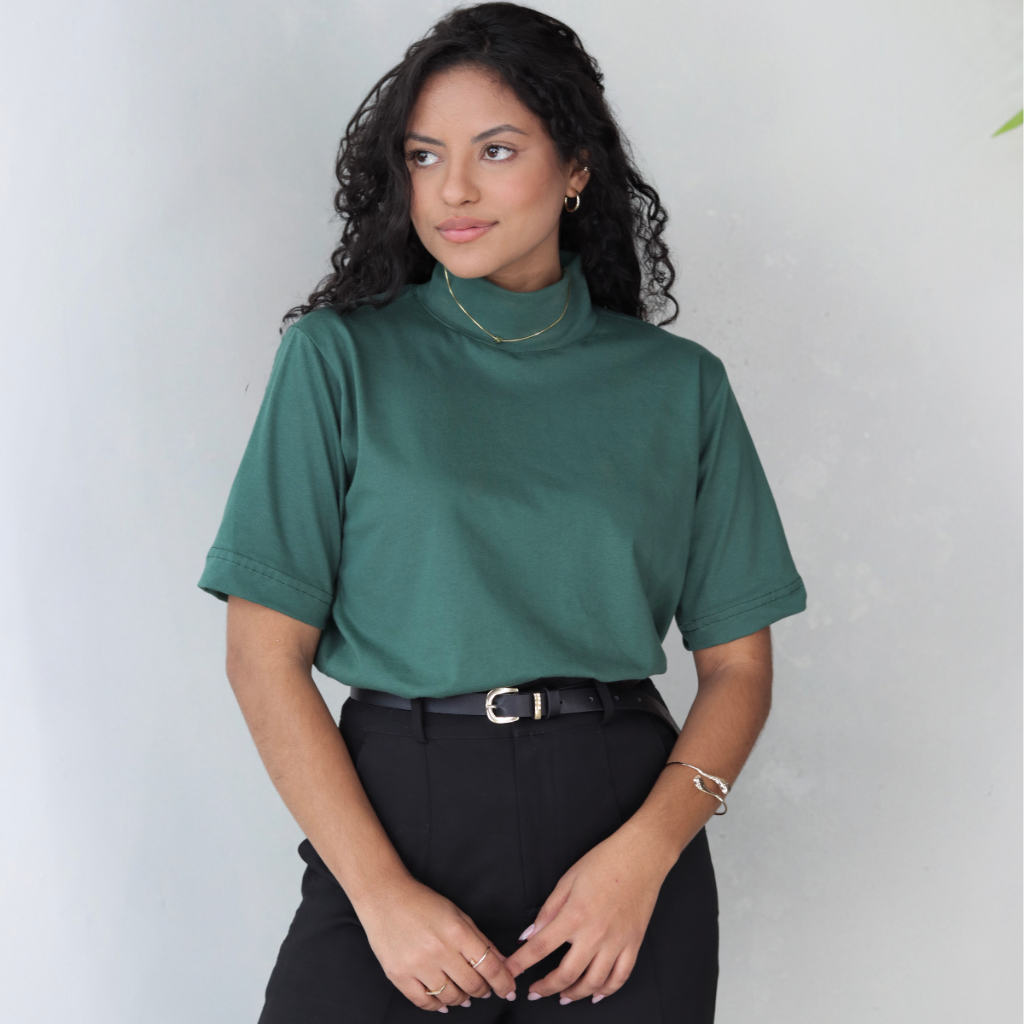 T-Shirt Feminina Camiseta Gola Alta 100% Algodão Básica Lisa Várias Cores em Oferta na Shopee