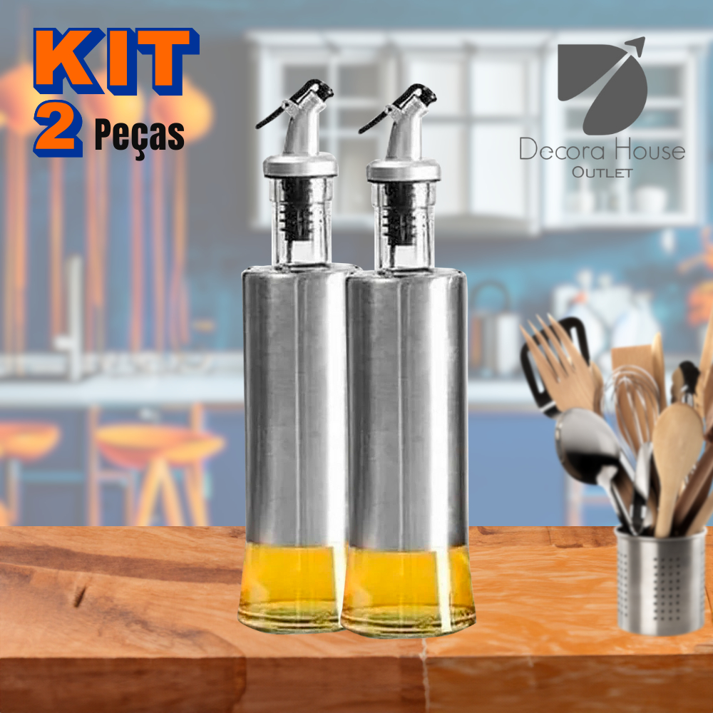 Kit 2 Galheteiros 500ml Porta Azeite e Vinagre de Vidro Premium e Aço Inox com Dosador 500ml