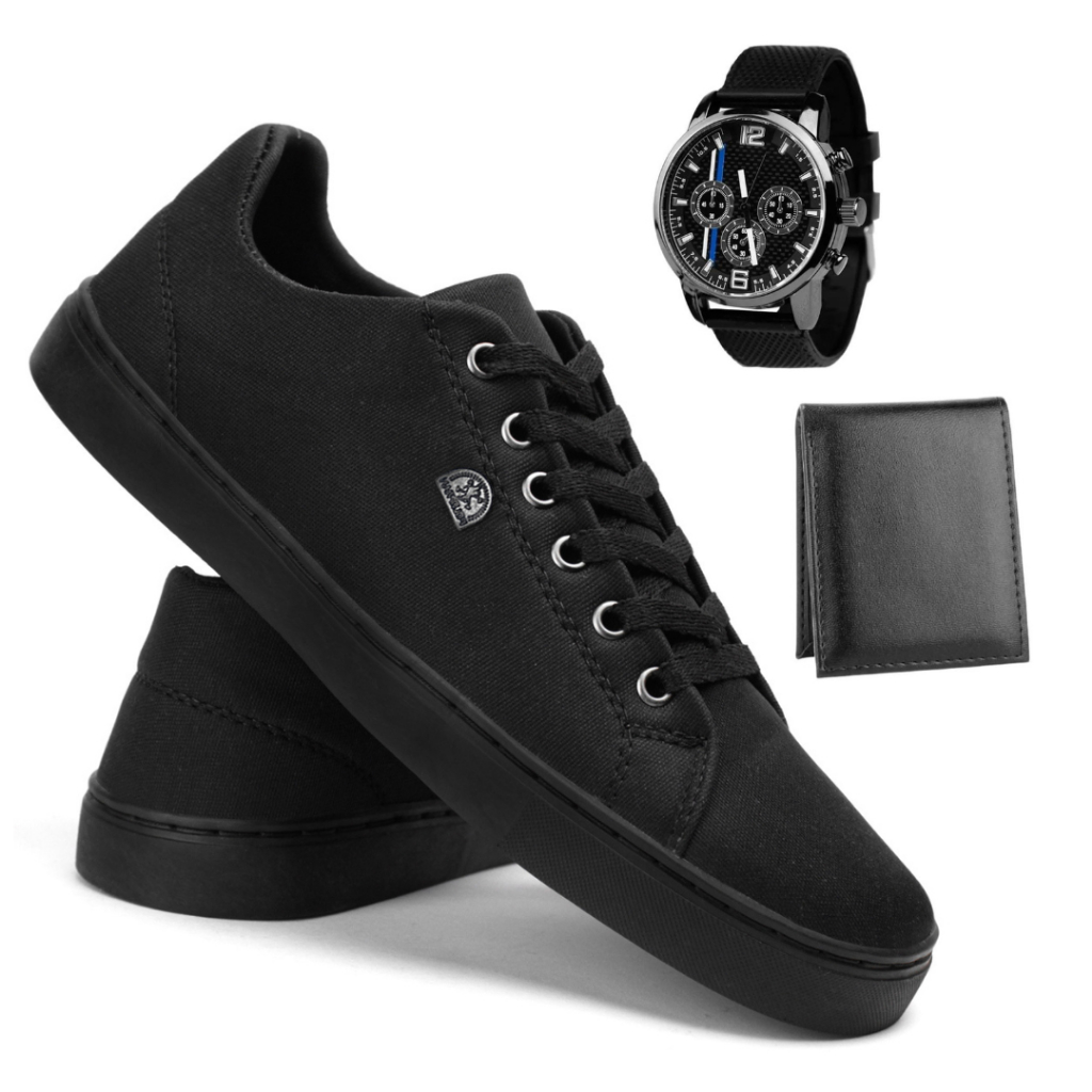 Kit Sapatenis Masculino + Relogio Ponteiro Tenis Skatista Confortavel de Lona e Carteira Promoção
