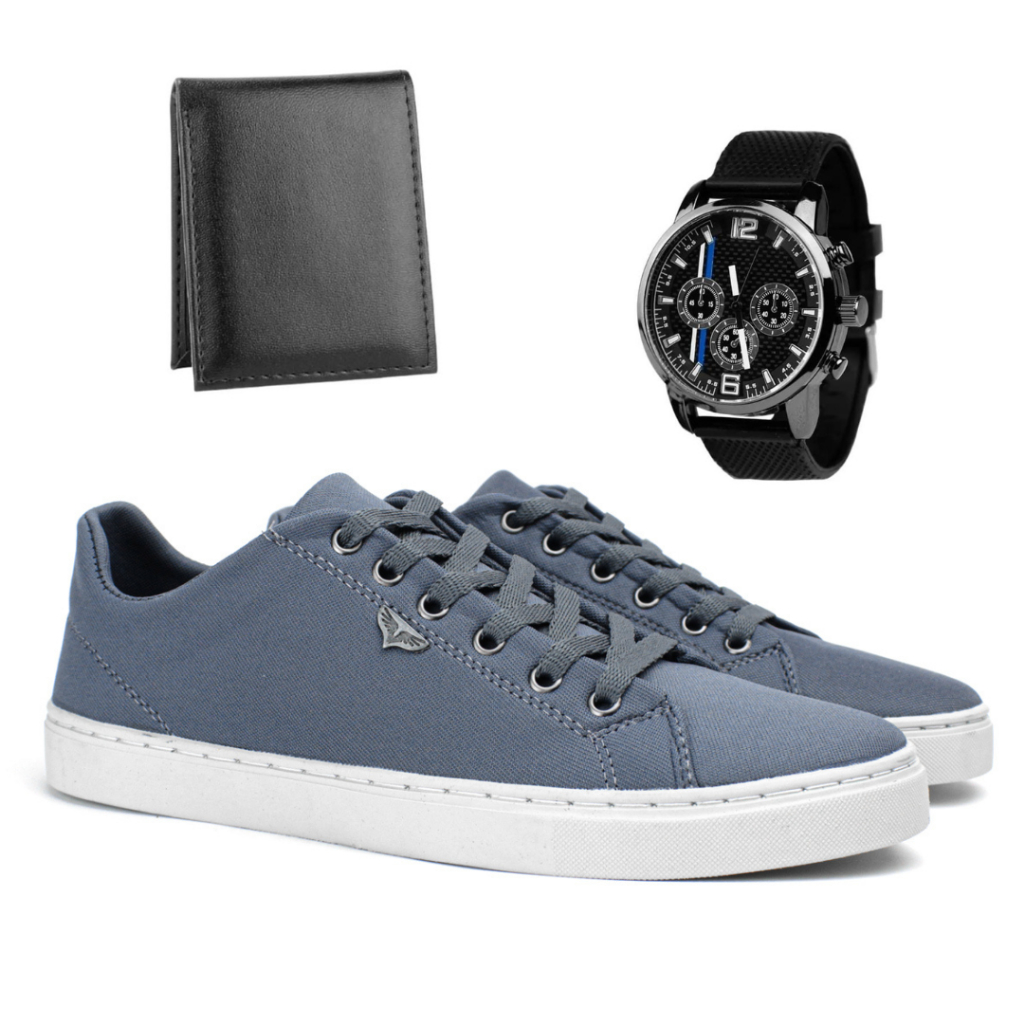 Kit Tenis Masculino Jogger Sapatenis Skatista + Relogio Casual e Carteira Promoção Varias Cores