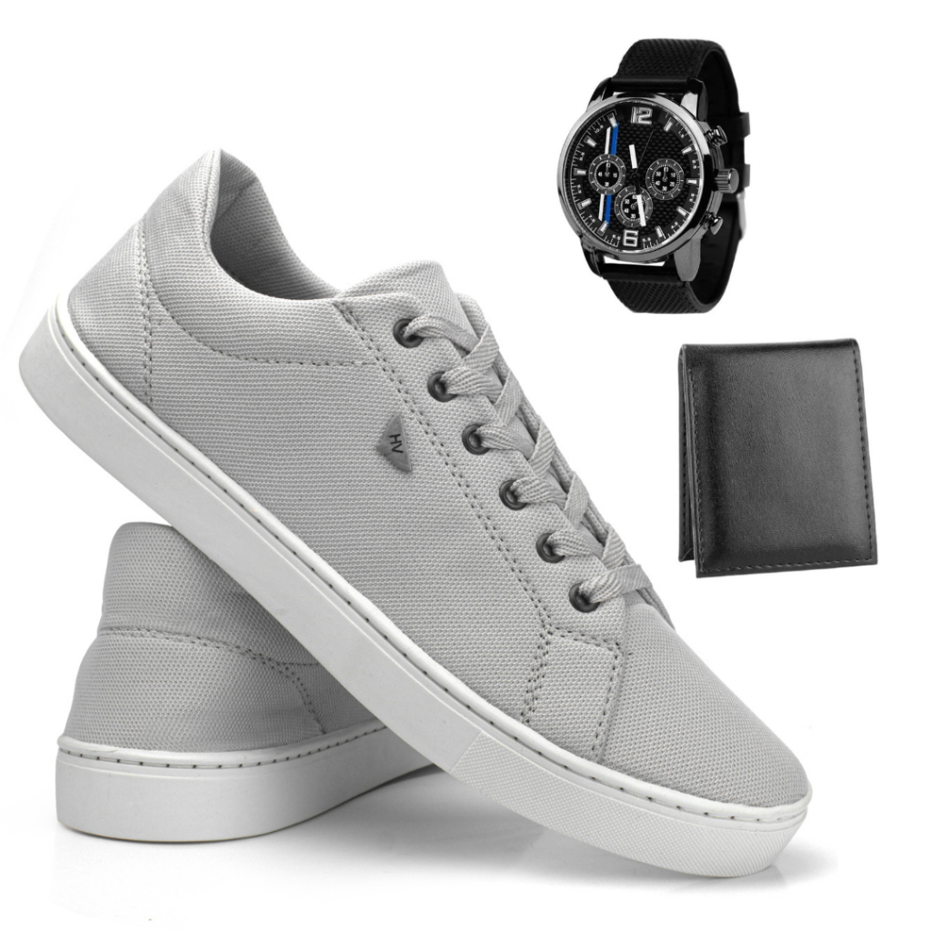 Kit Sapatenis Tenis Masculino Sport Fino Skatista + Relogio Casual Elegante e Carteira Slim Promoção