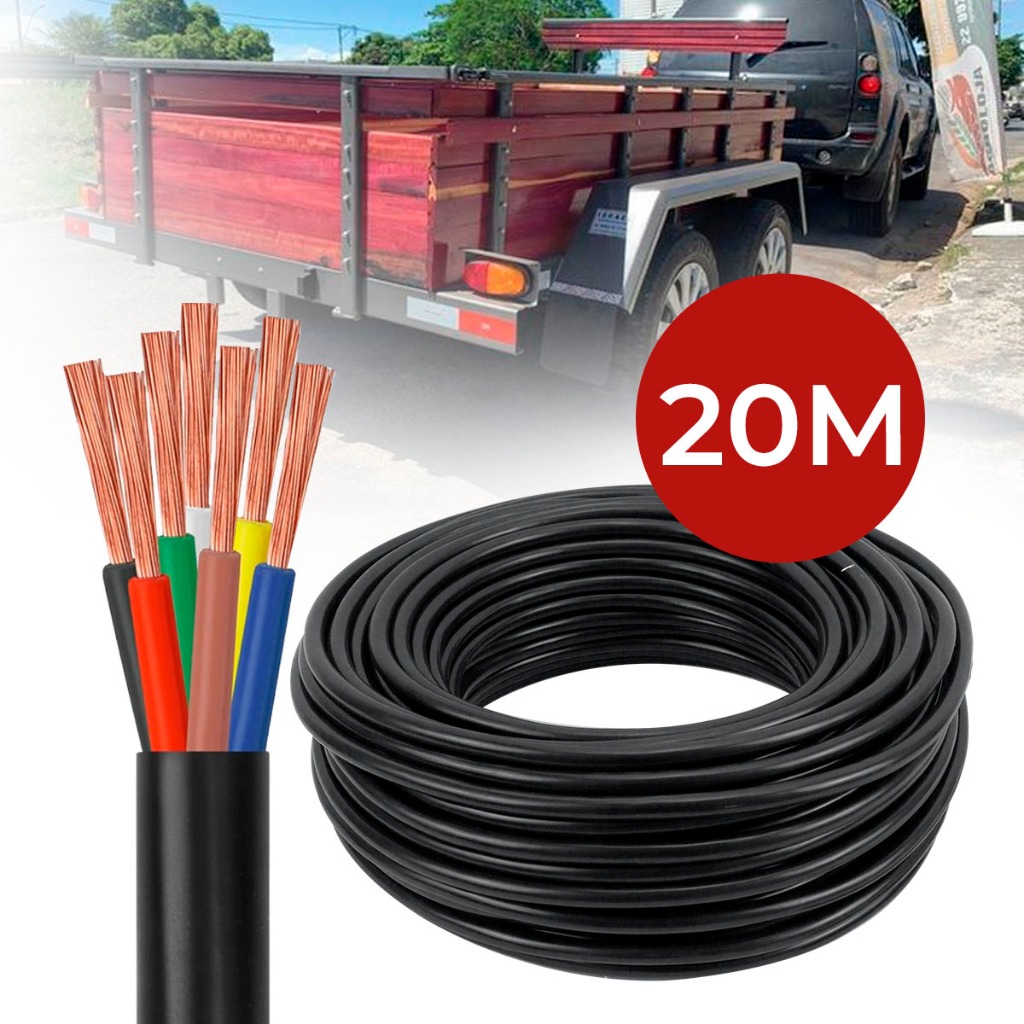 Cabo PP 7 Vias 20m Flexível 1mm Instalação Elétrica Reboque Carretinha Caminhão Caminhonete - Spare Parts and Accessories for Vehicles