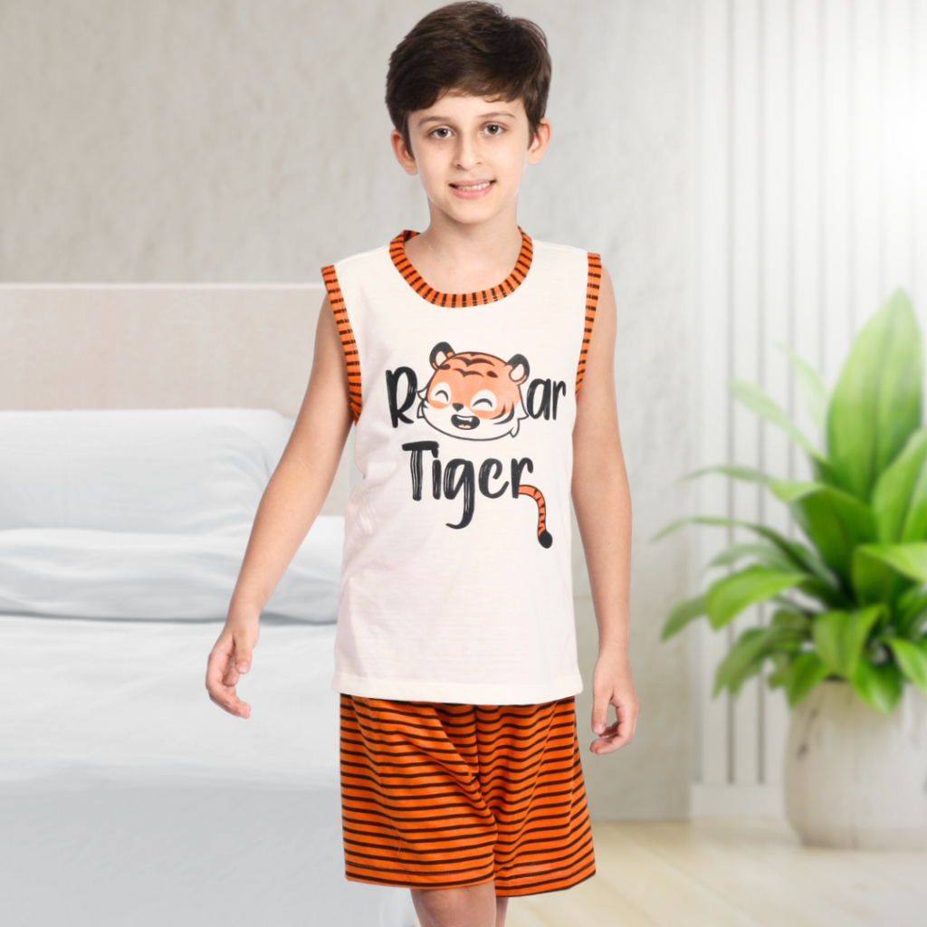 Pijama Infantil Masculino Conjunto para Menino Regata e Short Master Confort Estampado Tigre POP