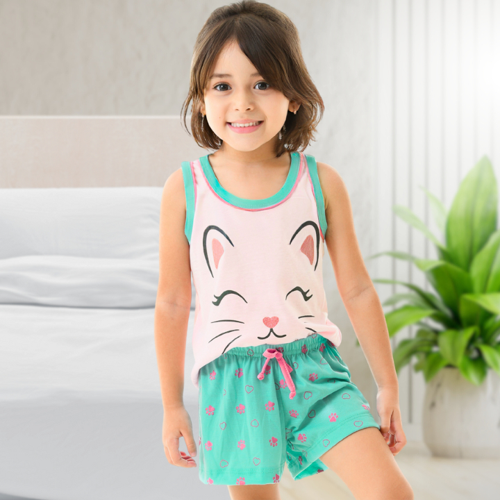 Baby Doll Infantil Conjunto Short Doll para Menina Regata Master Confort Gatinha Brilhosa POP