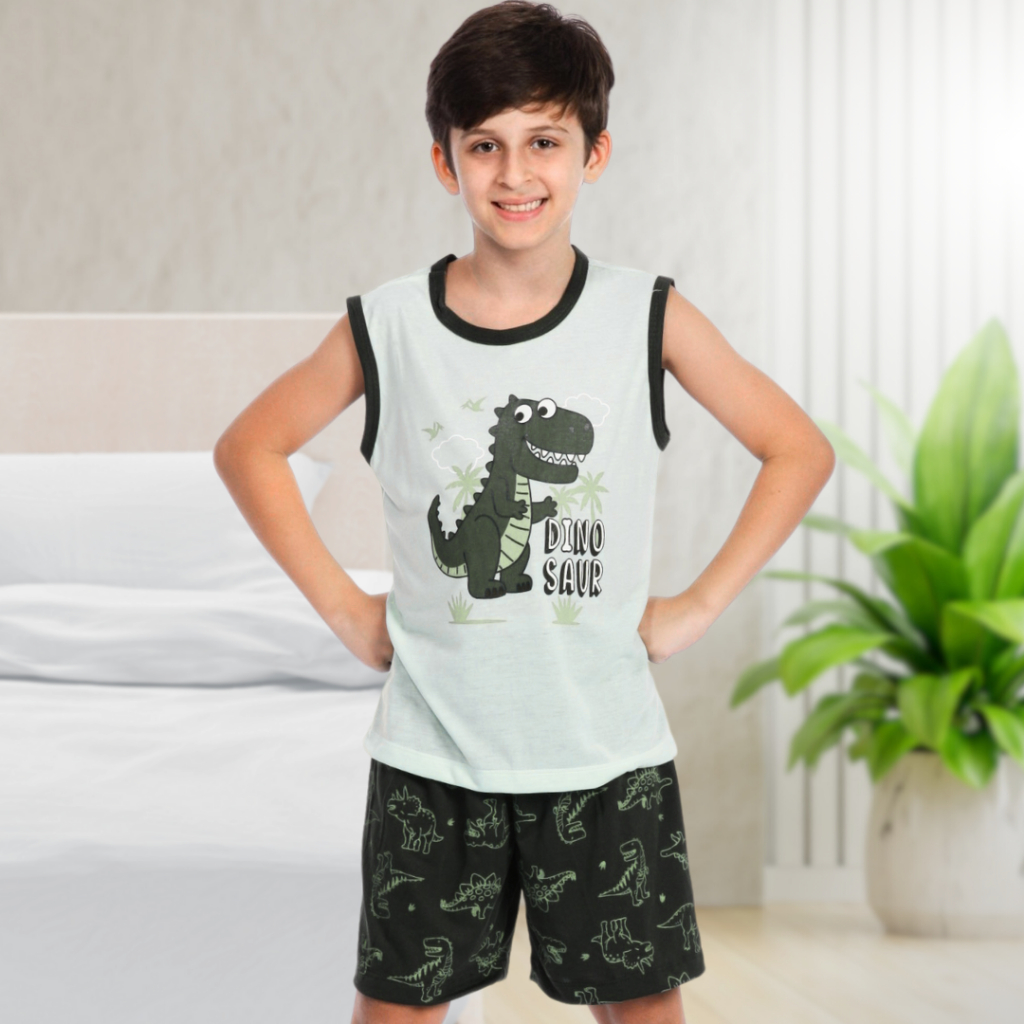 Pijama Infantil Masculino Conjunto para Menino Conforto Master Regata Estampado Dinossauro POP