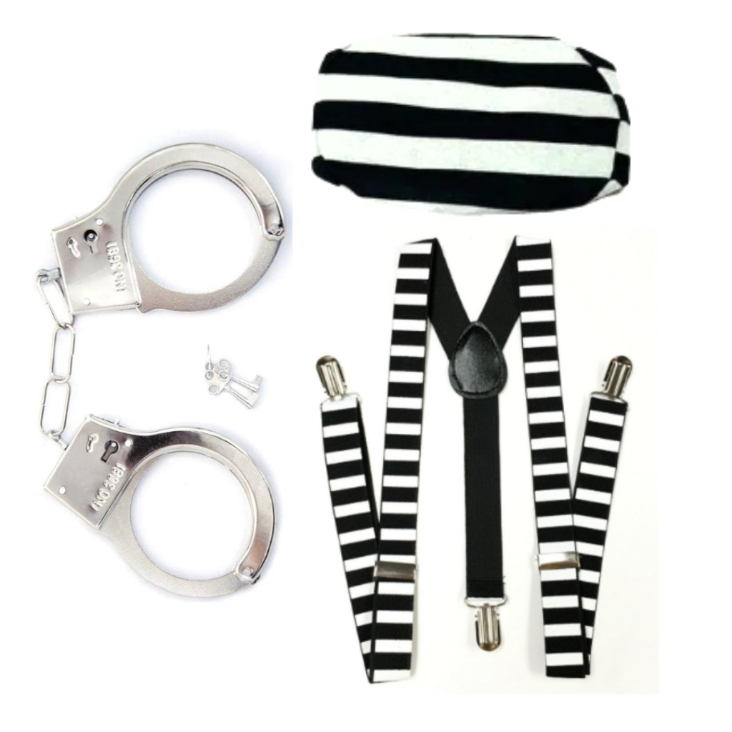Kit Fantasia Presidiário Suspensório + Algema + Boina Halloween Festa Fantasia