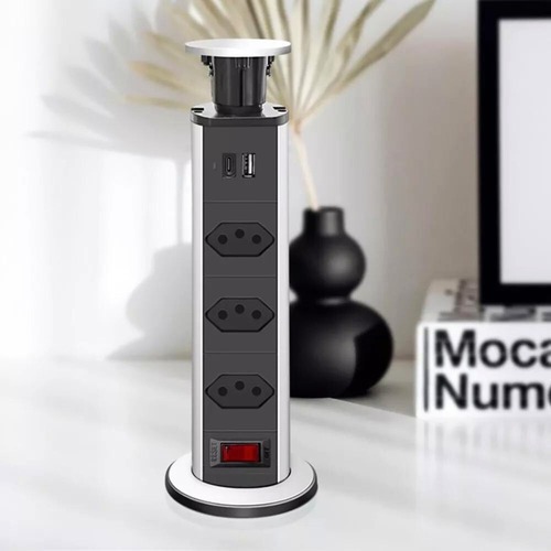 Torre Tomada Retrátil 3 Entradas + Usb Tipo C Embutir Deslizante Bivolt Multiplug Mesa Bancada