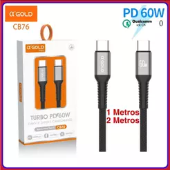 Cabo Tipo c Turbo 60W USB-C Para Tipo C 2 Pontas 1 e 2 Metros original A'GOLD Carregamento Rápido