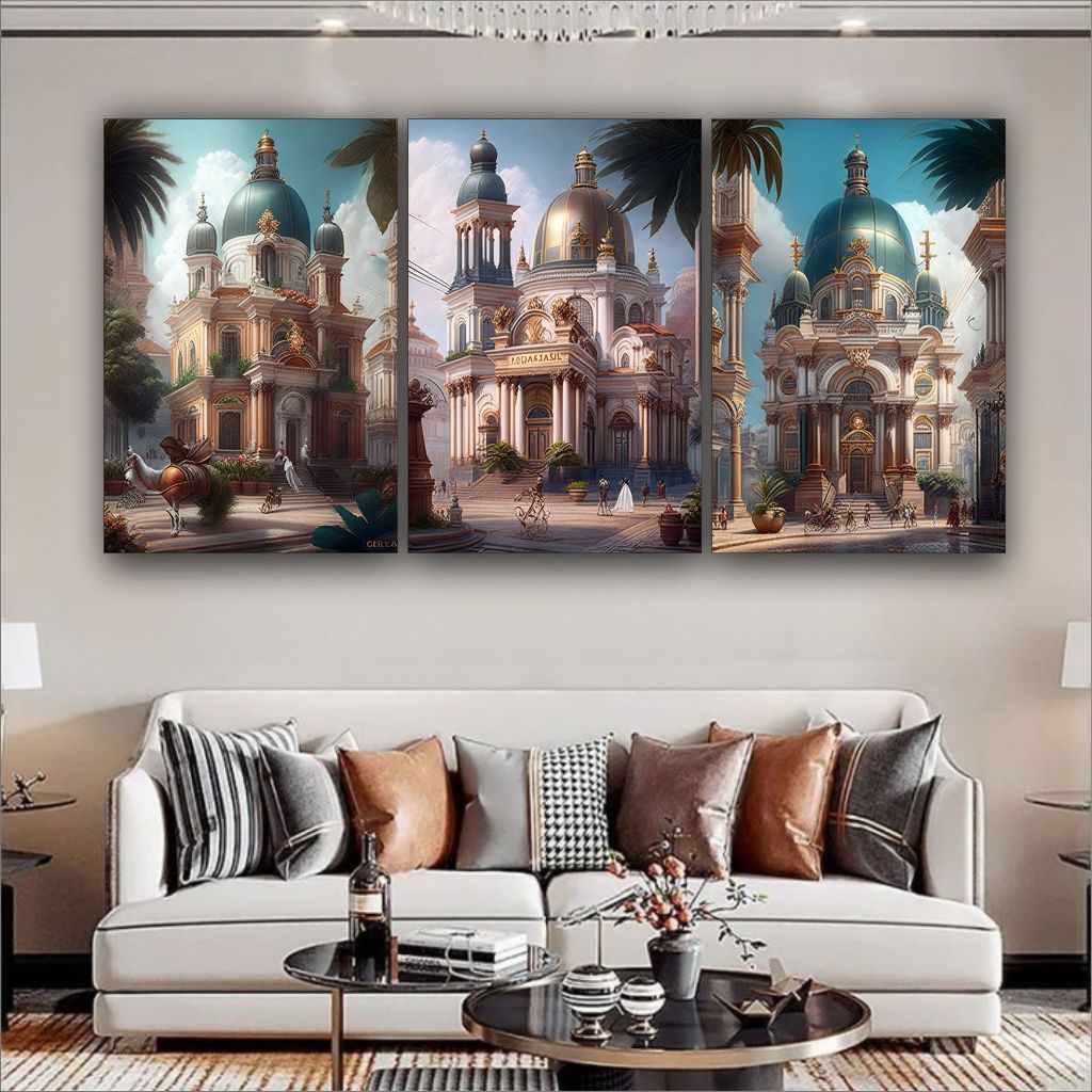Quadro Decorativo Palácio Pintura Arquitetura Romana 3 pç