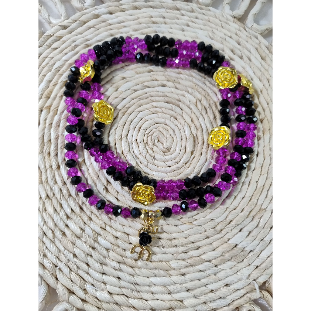 Guia Fio de Conta Proteção Pombagira Maria Mulambo Maria Farrapo Dona 7 Pingente Tridente Cristal 8MM Rosa dourada