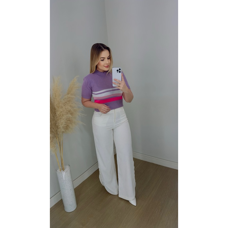 Blusa de Tricot Feminino Max Cropped Listrado Manga Curta Gola Redonda