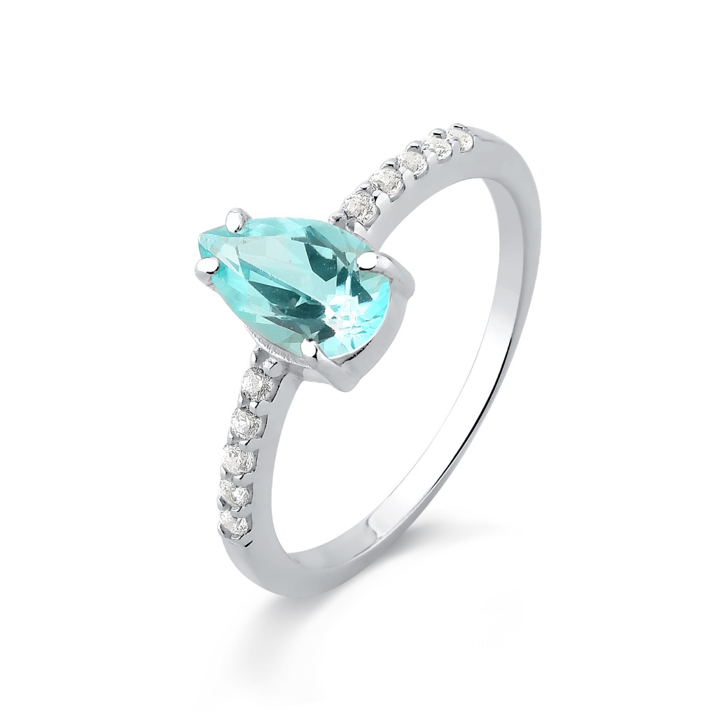 Anel Feminino de Prata 925 Gota de Topázio Azul Natural com Zircônias