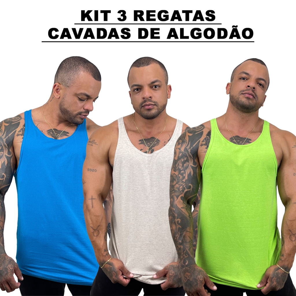 Kit 3 Regatas Masculina Cavadas Azul Turquesa + Bege + Cores Nadador Algodão Lisa Básica - Bombey