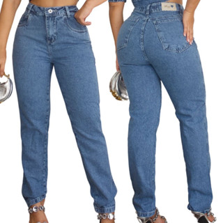 Calça Jeans Mom Feminina Marmorizada Cintura Alta Levanta Bumbum