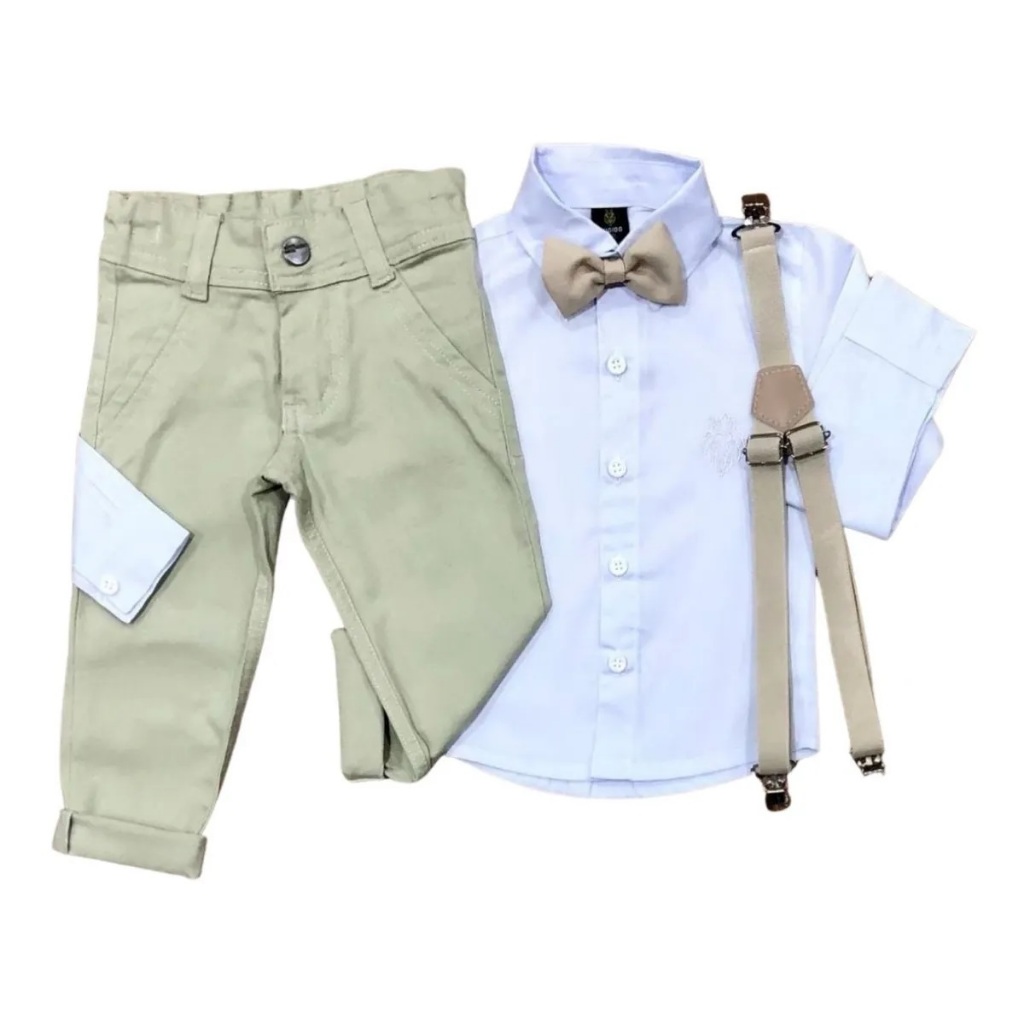 Conjunto Social Camisa Branca Suspensorio E Gravata Bege