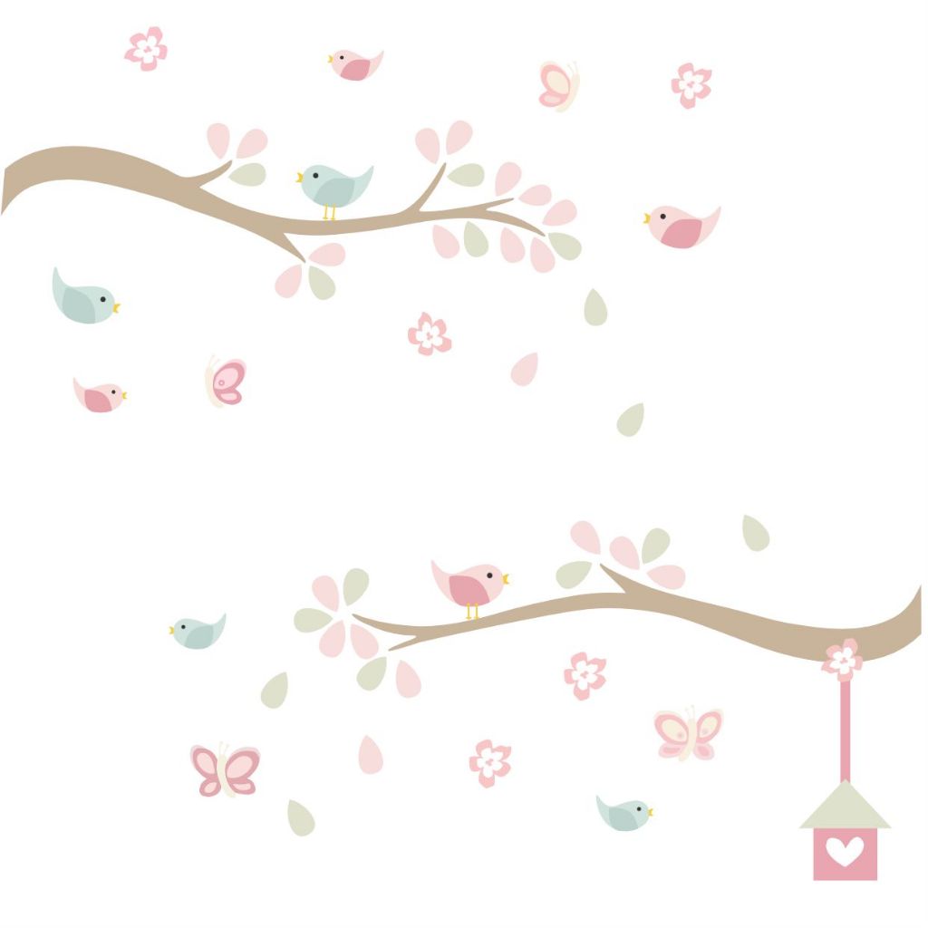 Adesivo Infantil de Parede Galhos e Pássaros para Quarto de Menina