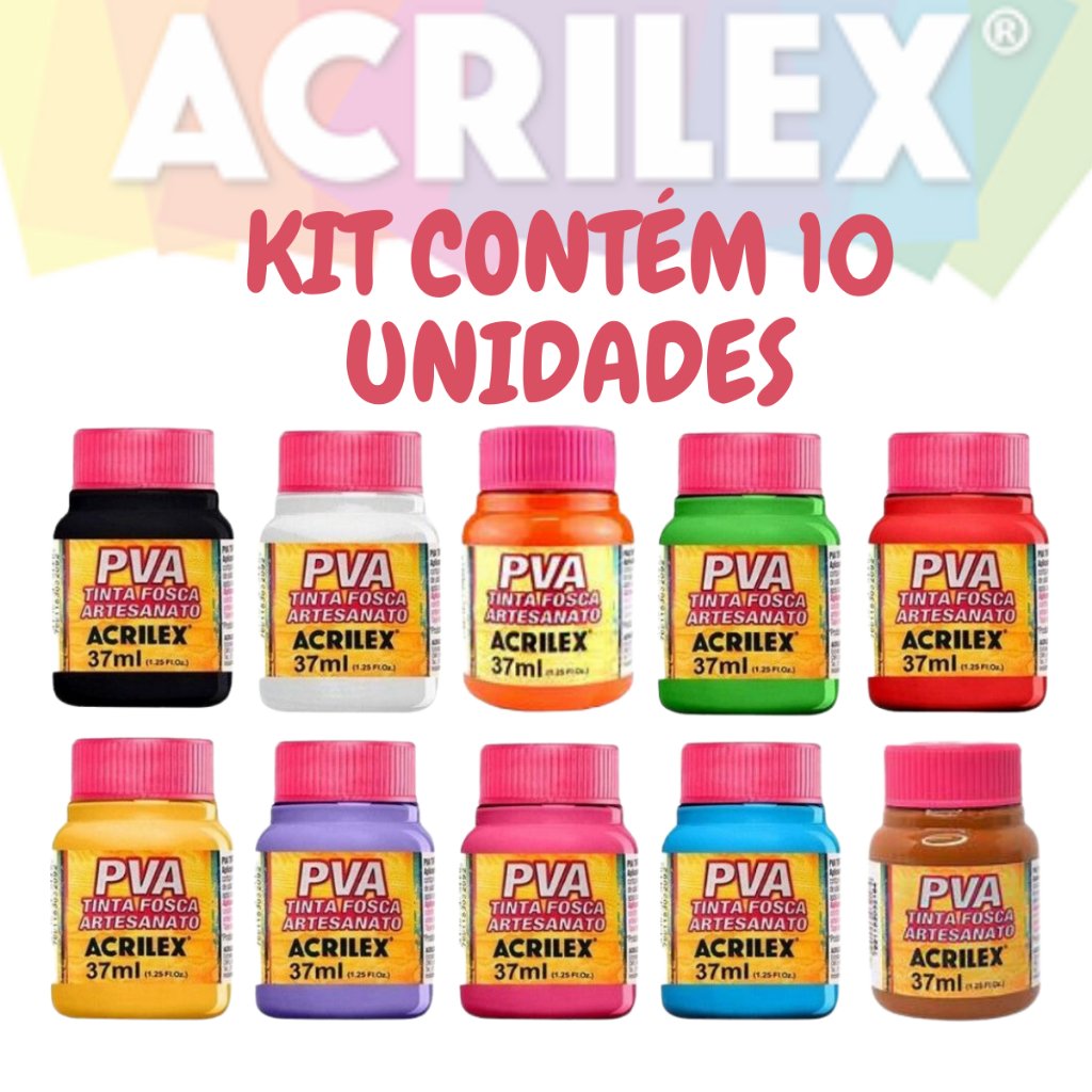 Kit Tinta Pva Para Artesanato Acrilex 37ml 10 Unidades Promoção Para Pintar Quadro Colorido em Oferta na Shopee