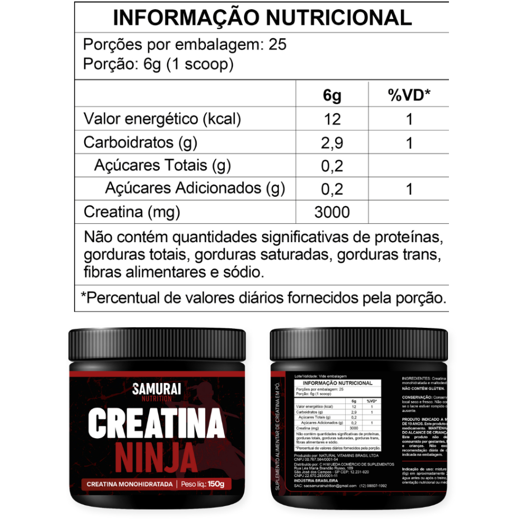 Detalhes do Kit 1x Creatina Monohidratada Ninja Samurai Nutrition + 1x Nutri Whey Refil 900G Integral Médica