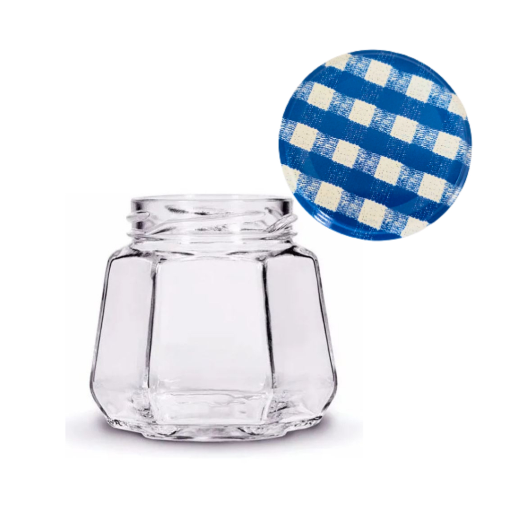 Pote de Vidro sextavado 230ml com tampa para geléias, doces, mel, compota, pimenta