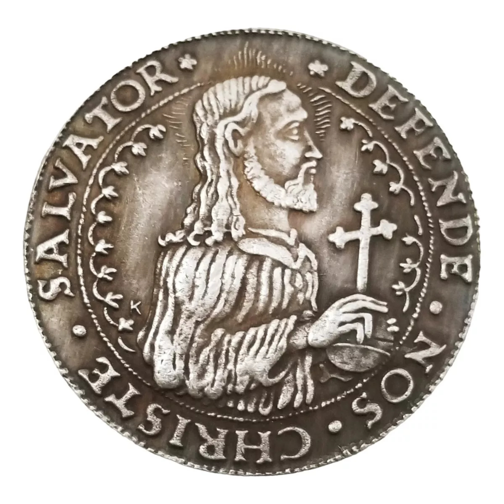 Moeda medalha Antiga Da Polônia 1577 - Jesus Cristo - Nosso Salvador - cópia banhada à prata