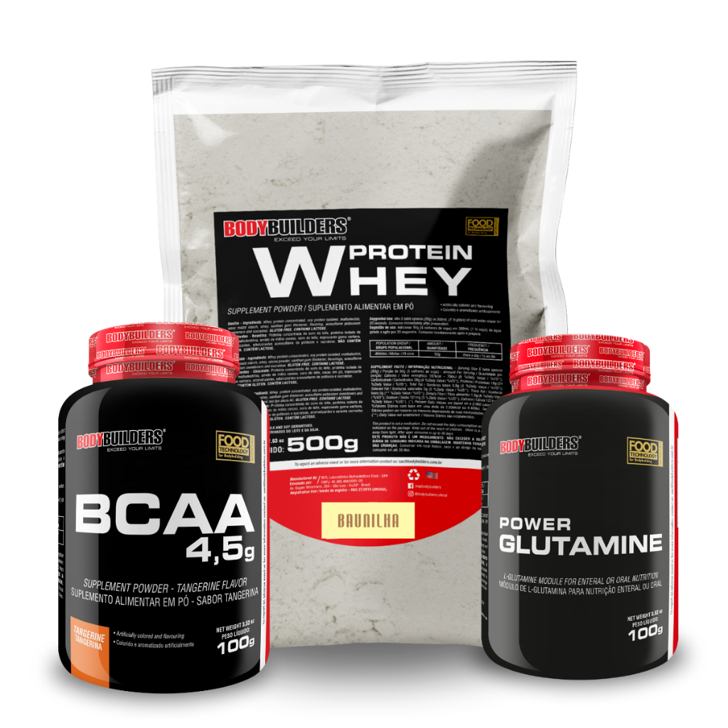 Kit Whey Protein Concentrado 500g + Power Glutamina 100g + Bcaa 4.5 100g - Bodybuilders