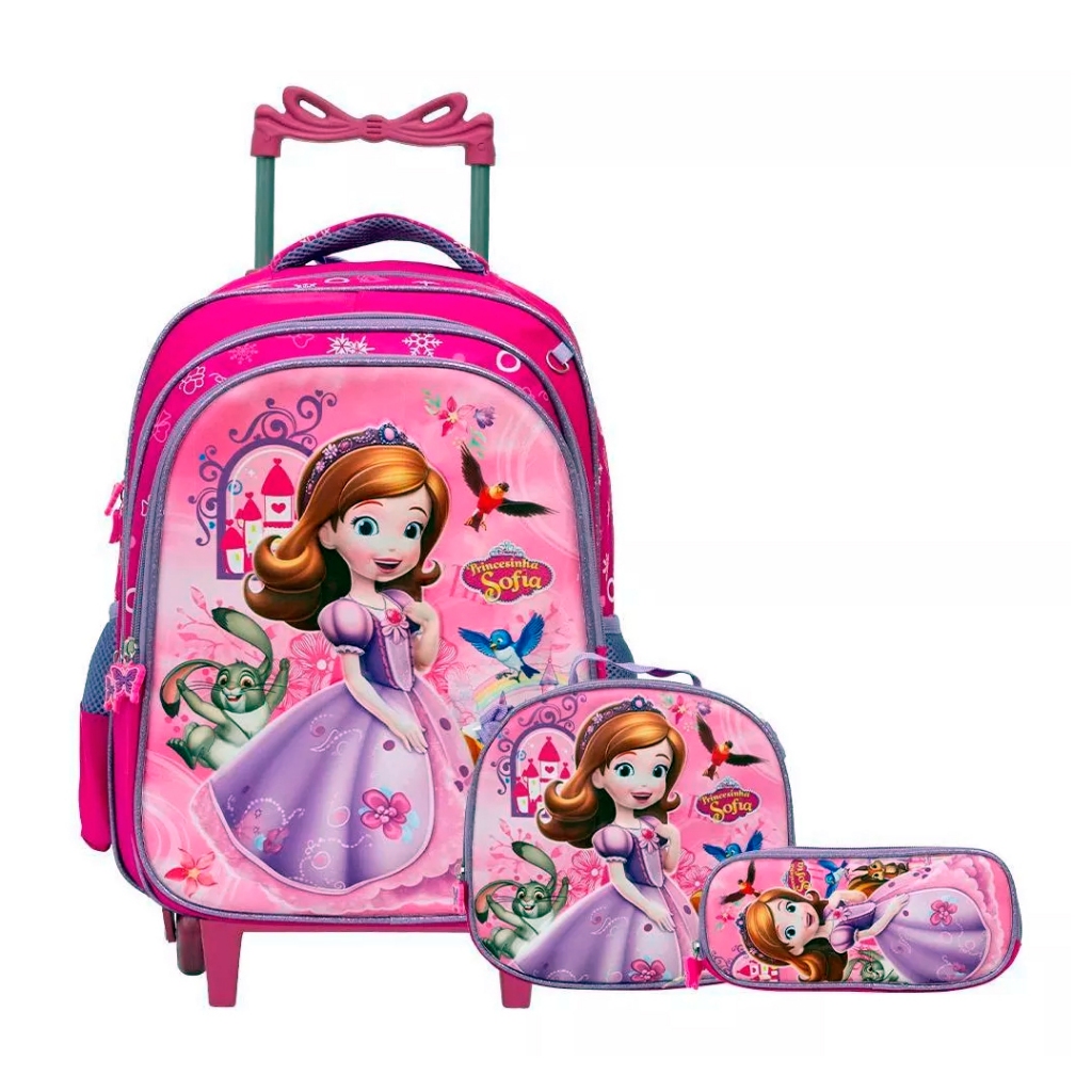 Kit Mochila Infantil com Rodinhas Feminina Princesinha Sofia + Lancheira Térmica + Estojo Escolar