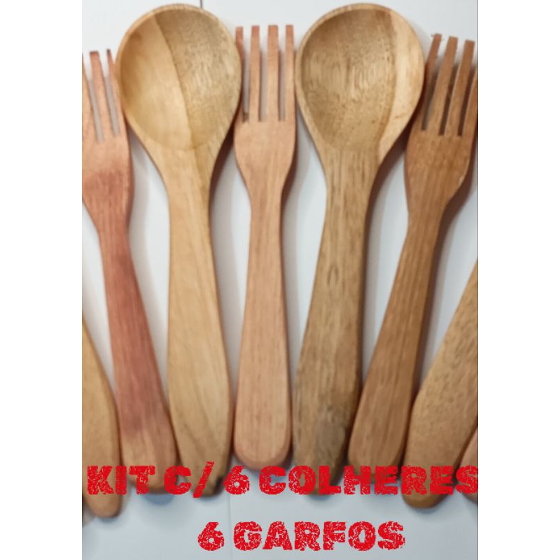 KIT C/ 12 UNIDADES (6 COLHERES E 6 GARFOS) DE MADEIRA / PAU COLHER DE PAU COLHER DE MADEIR...