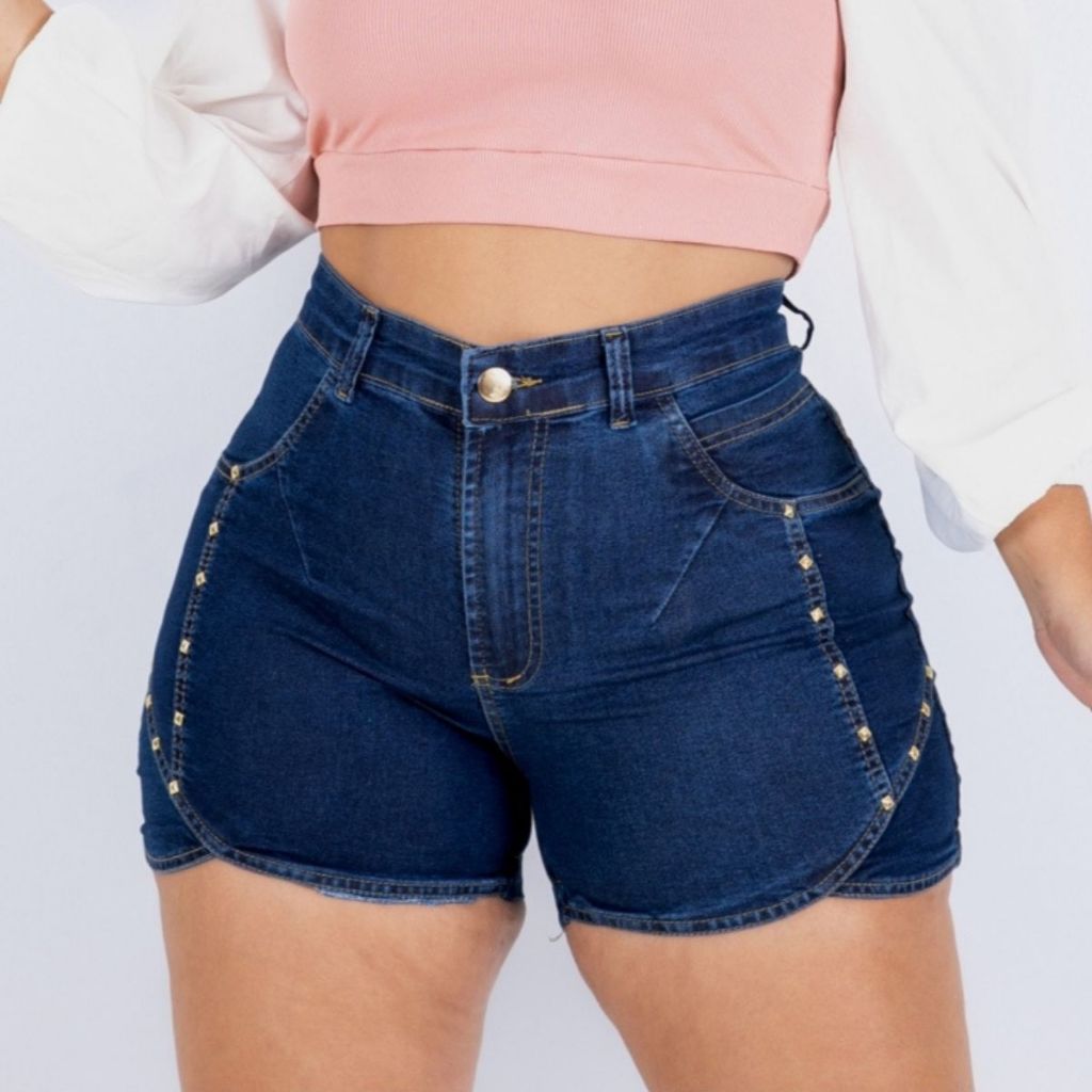Short Jeans Feminino Plus Size Com Lycra Cintura Alta