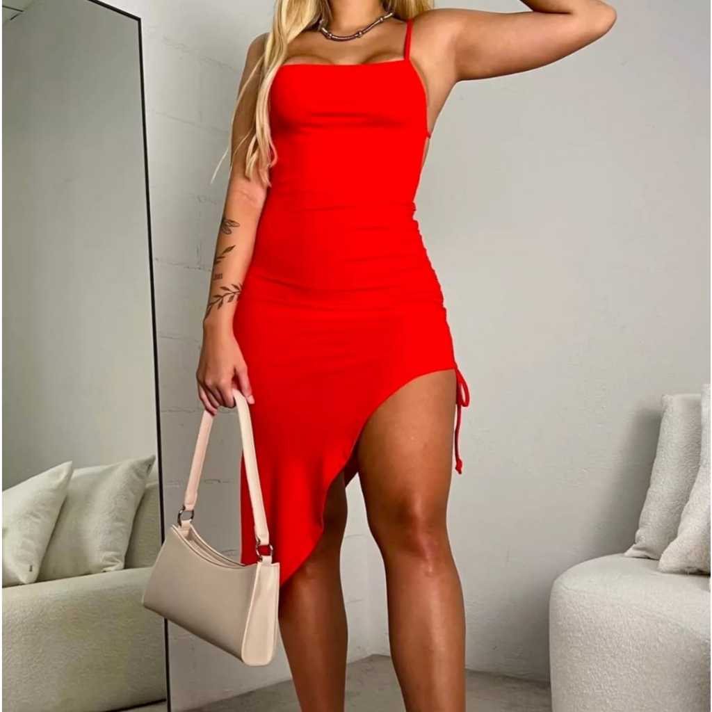 Vestido Midí  Com Alça e Puxador Regulável Na Lateral Com abertura em V ( Megui) Suplex Premium