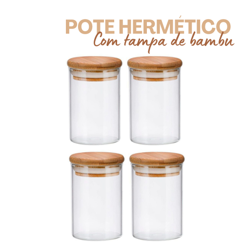 Kit 4 Pote De Vidro Hermético Com Tampa De Bambu 300ml Para Temperos