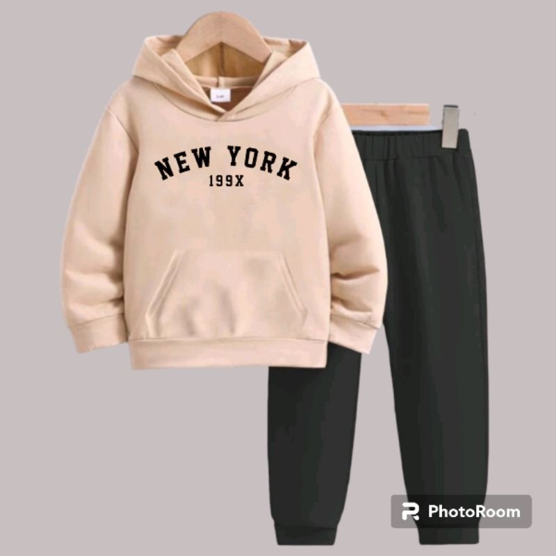 Conjunto Moletom Estampado Infantil New York Masculino e Feminino Algodão Peluciado Blusa Com Capuz