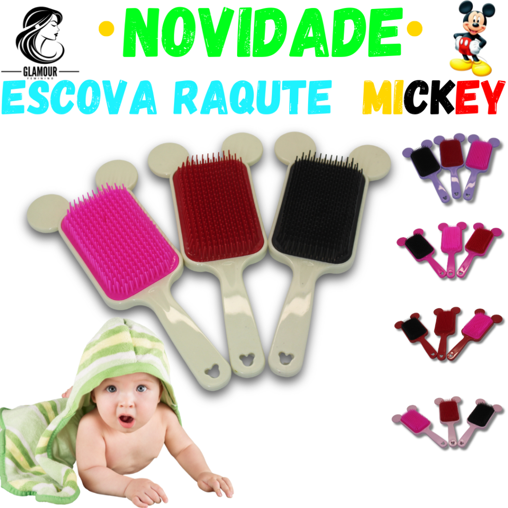 Kit 5 - Escova Raquete -Flex Mickey - Anti Frizz - Pra Cabelo - Para Desembaraçar Cabelos - Com Alta Qualidade