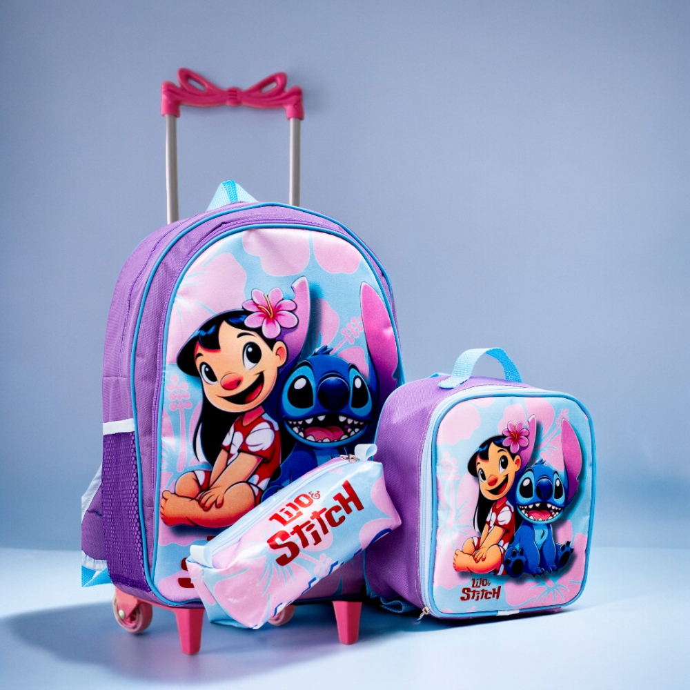 Kit Mochila Infantil Rodinha Feminina Lilo e Stitch Escolar + Lancheira Termica + Estojo Envio Imediato