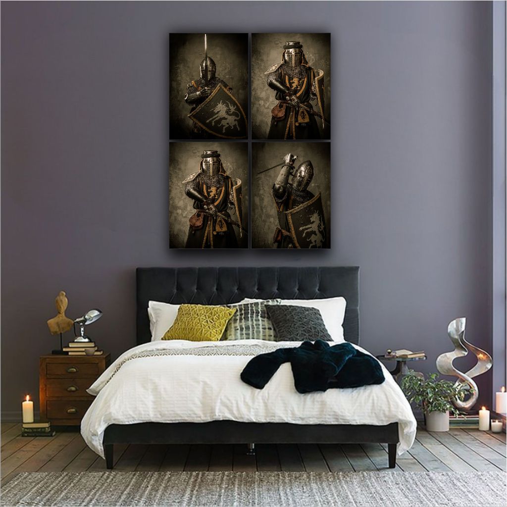 Quadro Decorativo Soldado Homem Batalha Armadura Ferro 4 peças