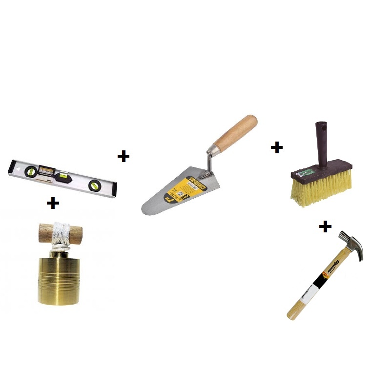 Kit De Ferramentas 5 Pcs Martelo 25mm + Broxa+colher De Pedreiro+nivel Aluminio+prumo Profissional