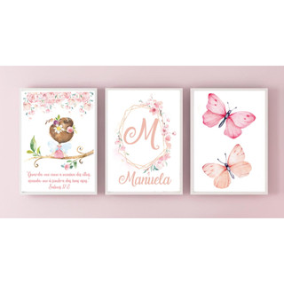 Quadros Decorativos Floral Salmos Aquarela Nome Personalizado Quarto Menina Borboleta